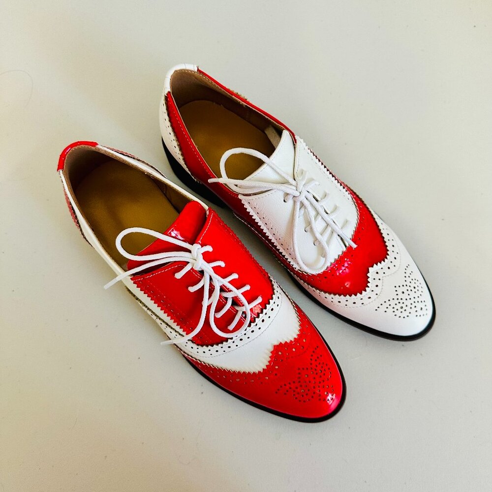NEW FUNKY RED AND WHITE WING TIP FAUX LEATHER DRESS SHOES